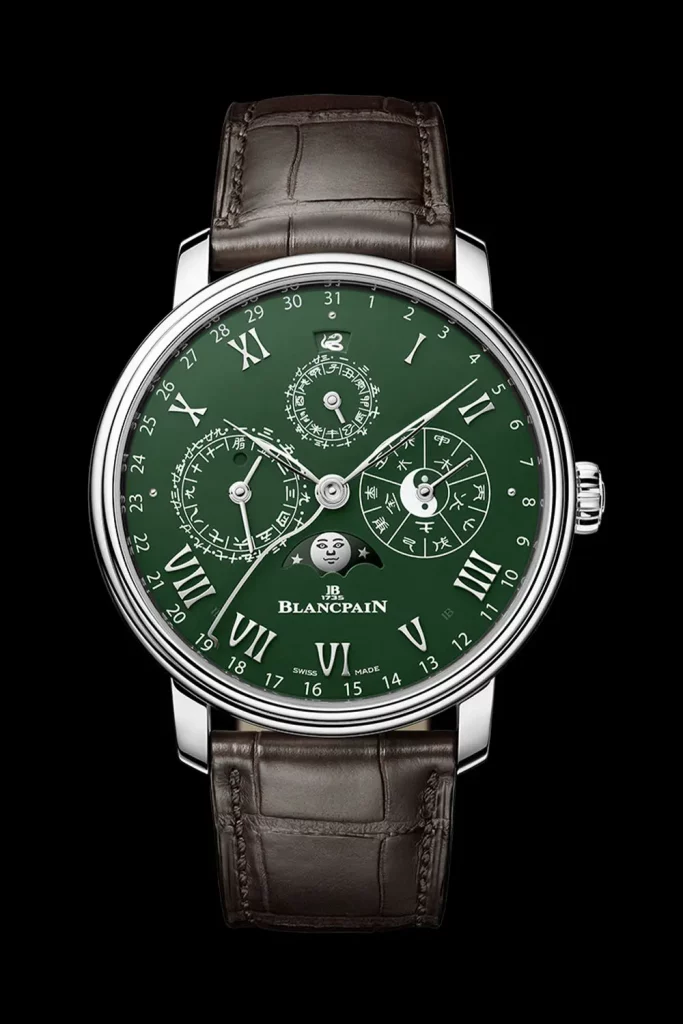 Blancpain Villeret Traditional Chinese Calendar 2025 'Year of the Snake': Luxuriöse Platin-Uhr mit grünem Grand-Feu-Emaille-Zifferblatt, chinesischen Kalenderanzeigen und gravierter Schlange auf dem Rotor, limitiert auf 50 Stück.