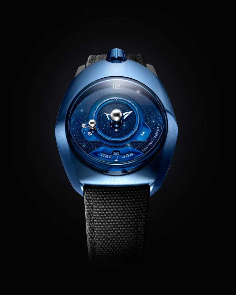 SpaceOne Tellurium: Futuristische Uhr mit Titan-Gehäuse und einzigartiger Darstellung der Umlaufbahnen von Mond und Erde.