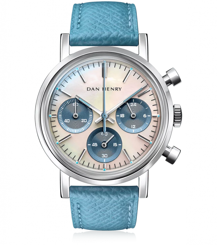 Motorsport-inspirierte Dan Henry 1964 Gran Turismo mit Tachymeter-Skala, Vintage-Design und Lederarmband.