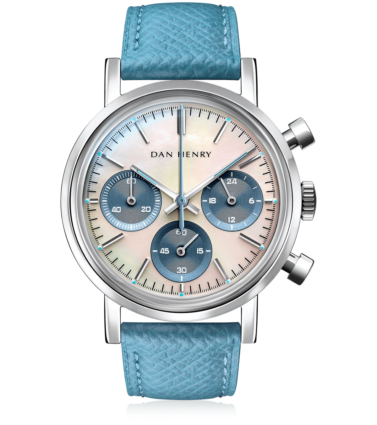 Motorsport-inspirierte Dan Henry 1964 Gran Turismo mit Tachymeter-Skala, Vintage-Design und Lederarmband.