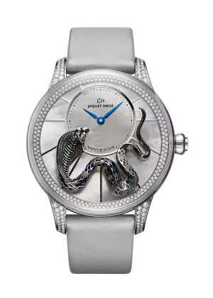 Jaquet Droz Petite Heure Minute Relief Serpent: Luxuriöse Uhr mit Roségoldgehäuse, kunstvoller Schlangenapplikation und schwarzem Onyx-Zifferblatt, limitiert auf 8 Exemplare.