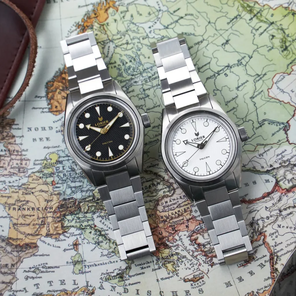 Vintage-inspirierte Lorier Falcon Series II mit Edelstahlgehäuse, waffelstrukturiertem Zifferblatt und Hesalitglas, ideal für Retro-Uhrenliebhaber.