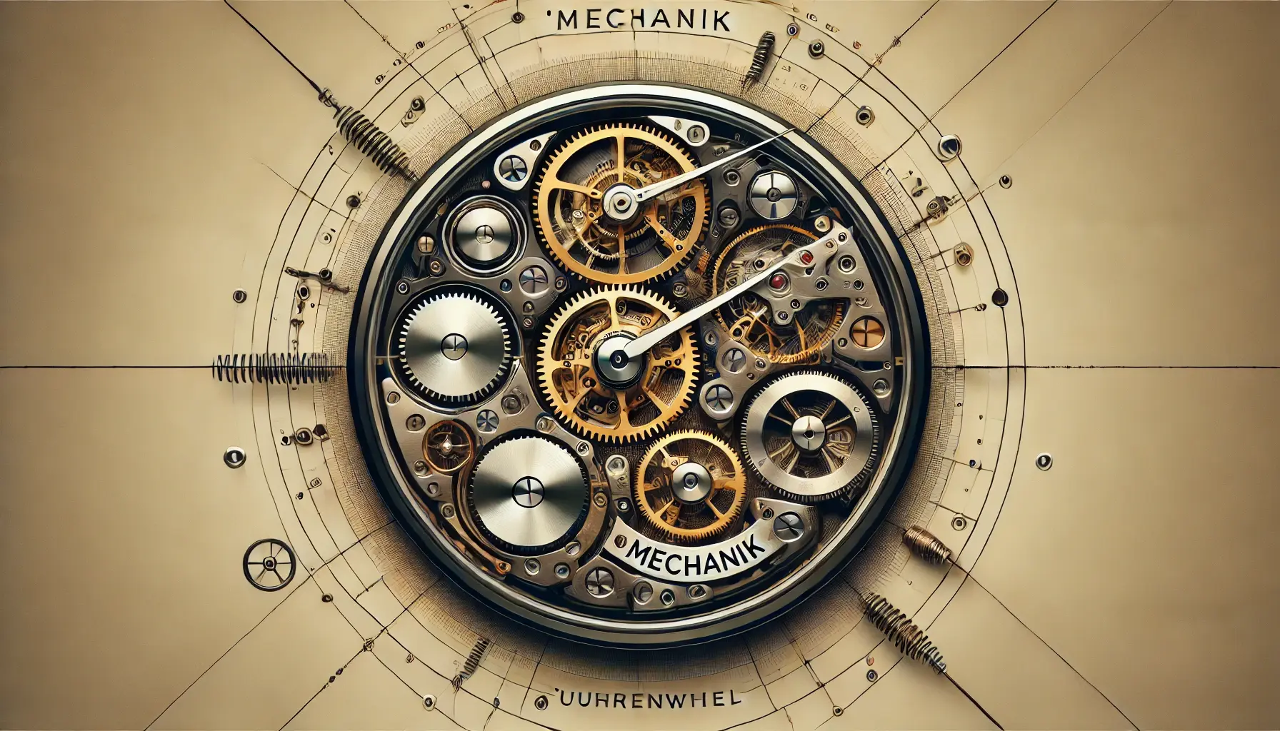 Eine detaillierte Darstellung der inneren Mechanik einer Uhr, mit Zahnrädern, Federn und präzisen Komponenten, die die Kunst und Technik der Uhrmacherei hervorhebt.