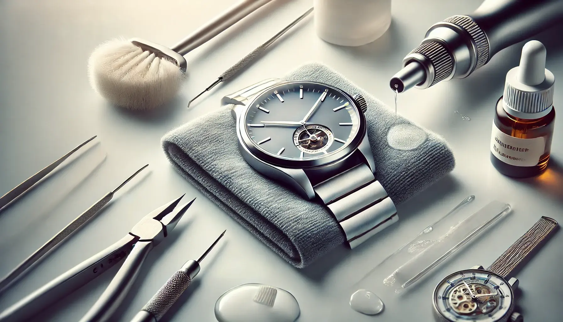 Eine moderne Darstellung einer Uhr, umgeben von Pflegewerkzeugen wie einem Mikrofasertuch und einer Reinigungsbürste, die die sorgfältige Wartung und Pflege von Uhren symbolisiert.