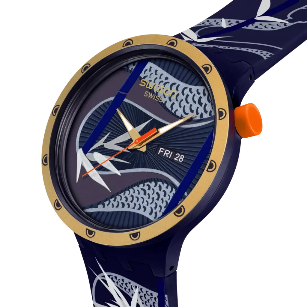 Swatch Blue and Golden Lithe Dancer in extragroßem Design mit blauem Zifferblatt und goldfarbenen Akzenten, ausdrucksstarke BIG BOLD Edition.