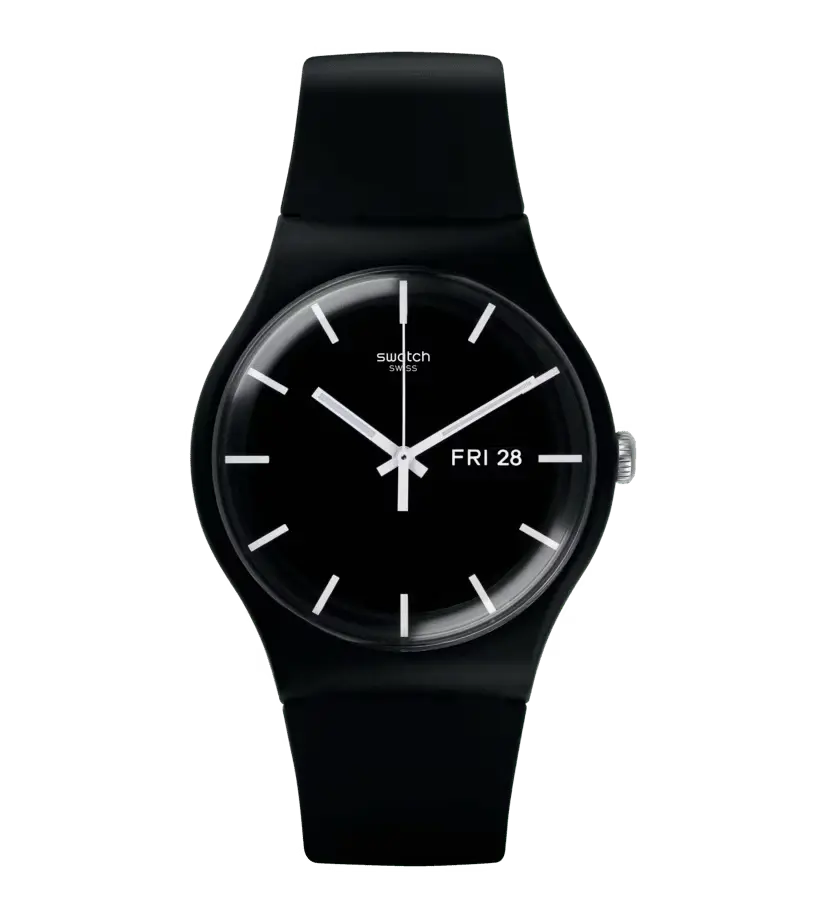 Die Swatch Mono Black ist eine minimalistische und moderne Uhr, die mit ihrem schlanken, komplett schwarzen Design ein echtes Statement setzt.