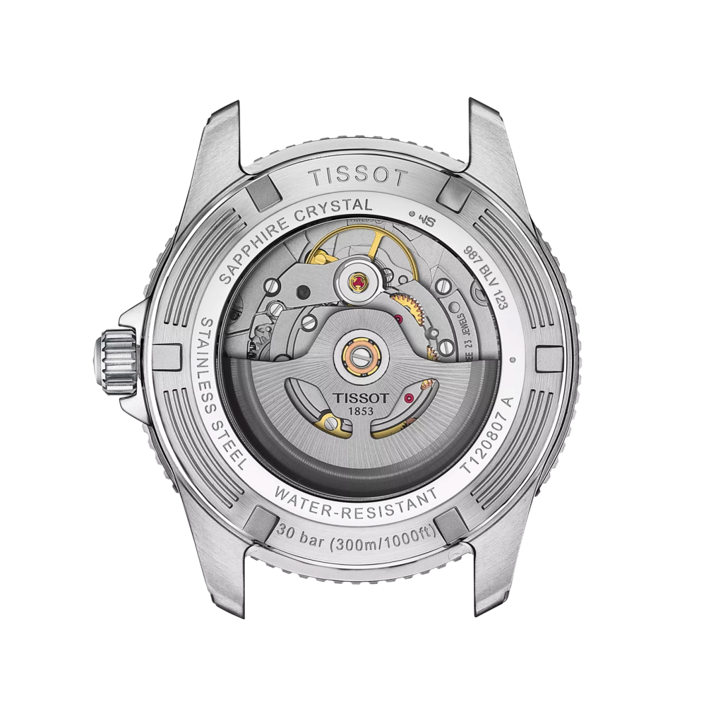 Automatikwerk Powermatic 80 der Tissot Seastar 1000 mit Sichtfenster aus Saphirglas.