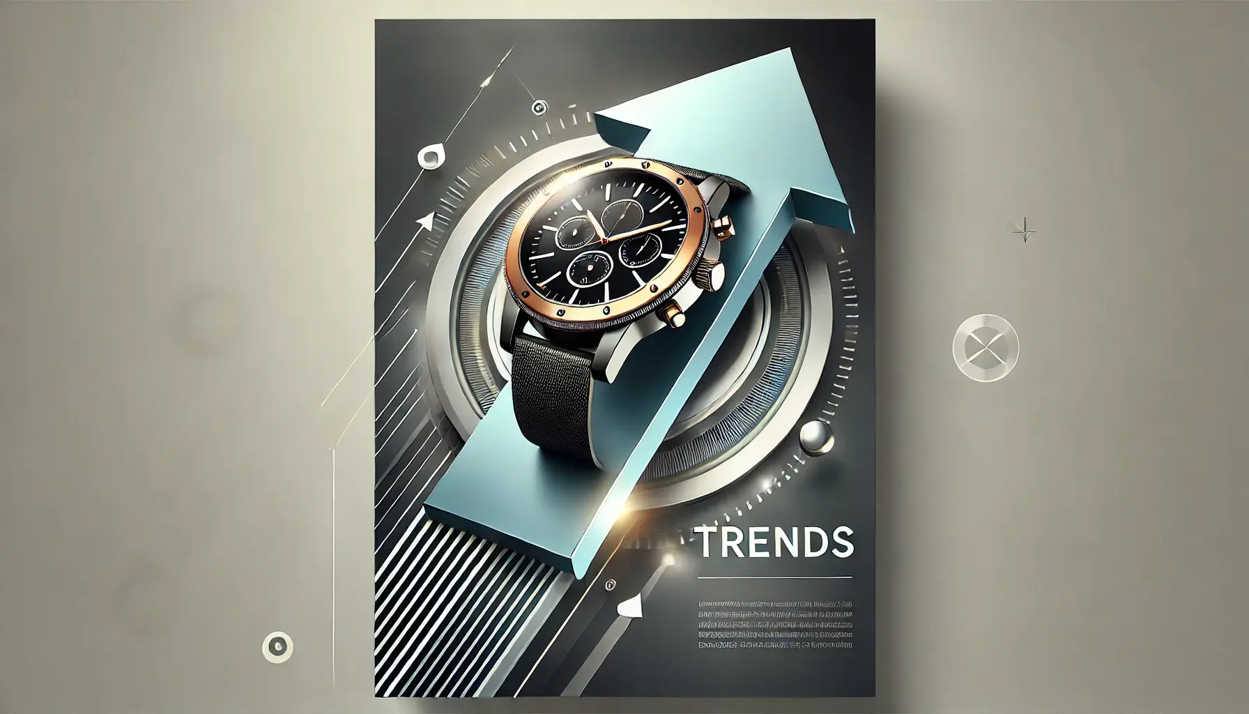Eine dynamische Grafik mit einer modernen Uhr und einem nach oben zeigenden Pfeil, der aktuelle Uhrentrends und Innovationen symbolisiert.