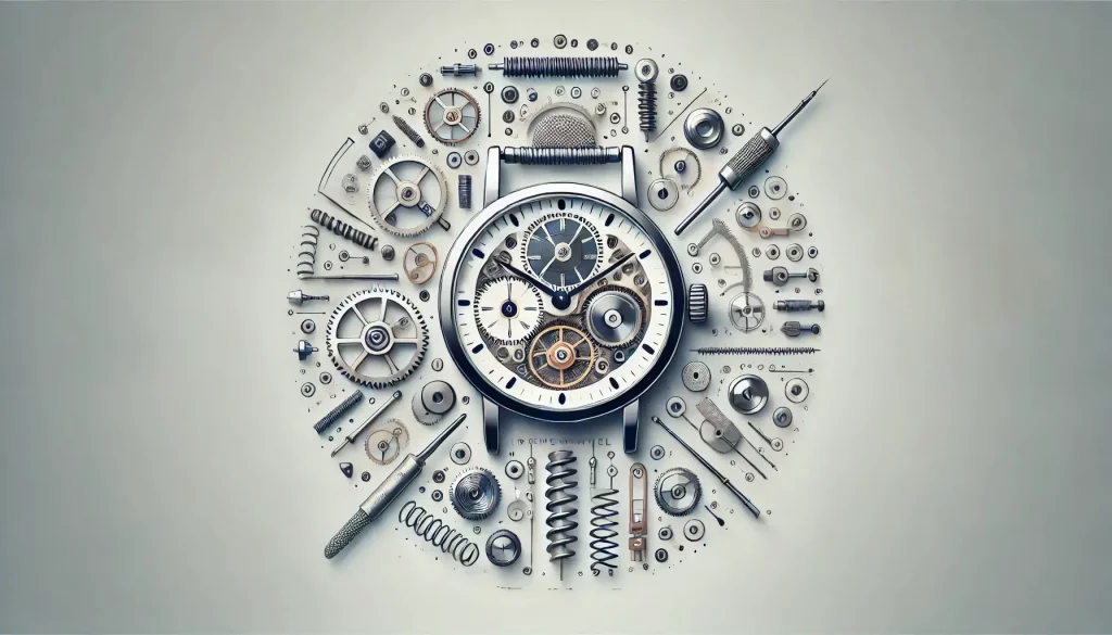Eine mechanische Uhr, vollständig in ihre Einzelteile zerlegt, mit sichtbaren Komponenten wie Räderwerk und Unruh.