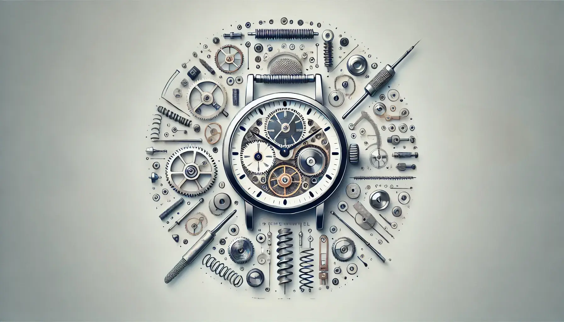 Detailliert zerlegte Uhr mit schwebenden Komponenten wie Zahnrädern, Schrauben, Zifferblatt und Feder, die die Präzision und Technik der Uhrmacherkunst darstellen. 