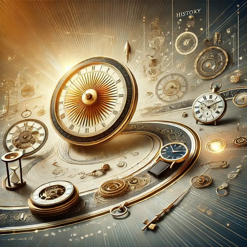 Eine künstlerische Darstellung der Evolution der Uhren mit Elementen wie einer Sonnenuhr, einer Taschenuhr und einer modernen Armbanduhr, die die Entwicklung der Zeitmessung zeigt.