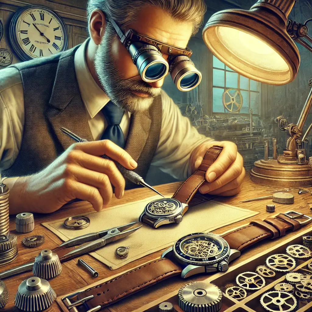 Ein Uhrmacher, der sorgfältig an einer zerlegten Uhr arbeitet, umgeben von feinen Zahnrädern und präzisen Werkzeugen, symbolisiert Handwerkskunst und Technik.