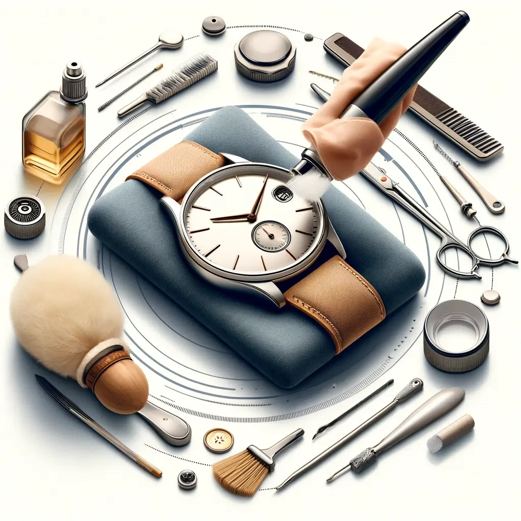 Eine Grafik mit einer modernen Uhr, umgeben von Reinigungstools wie einem Mikrofasertuch und einer Bürste, die sorgfältige Pflege und Wartung symbolisiert.