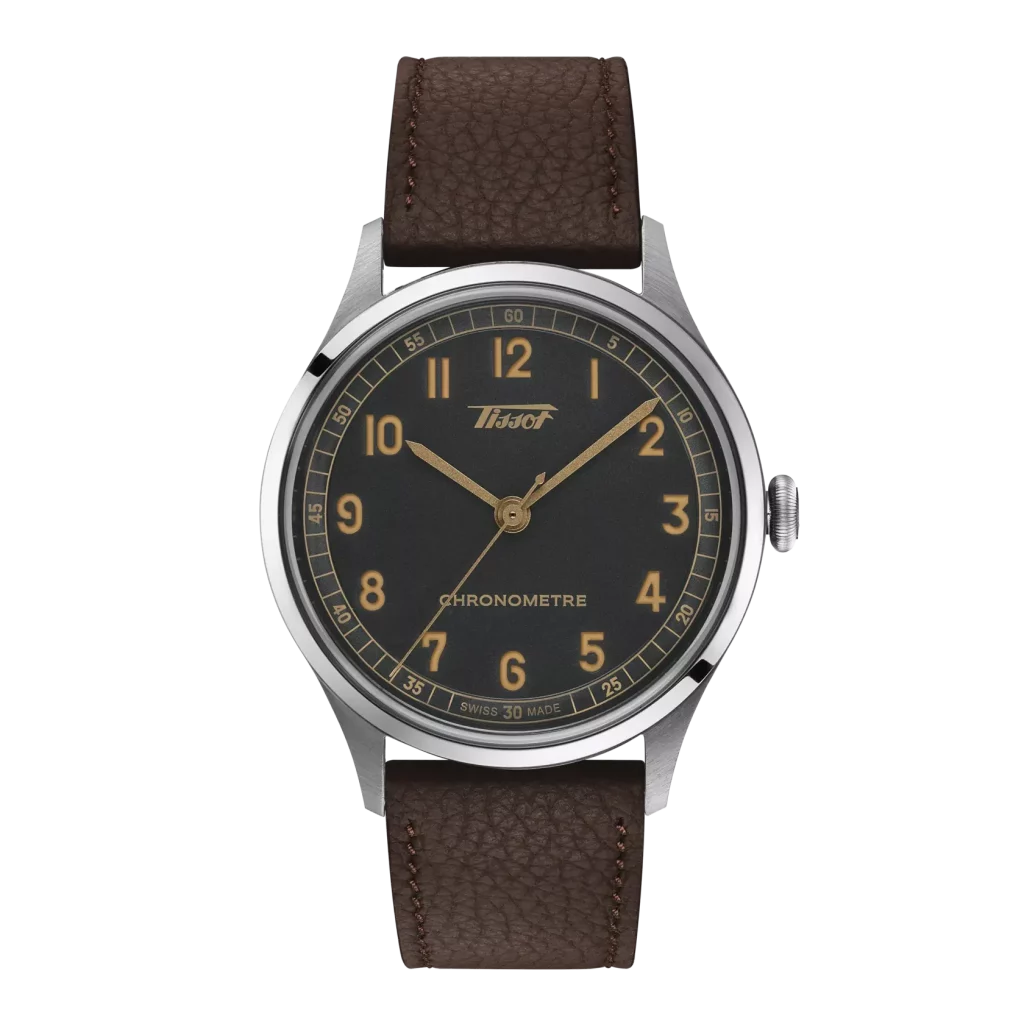 Eine charmante Vintage-Uhr mit einem Lederarmband und einem Zifferblatt im Retro-Stil, die den zeitlosen Charakter vergangener Epochen widerspiegelt.