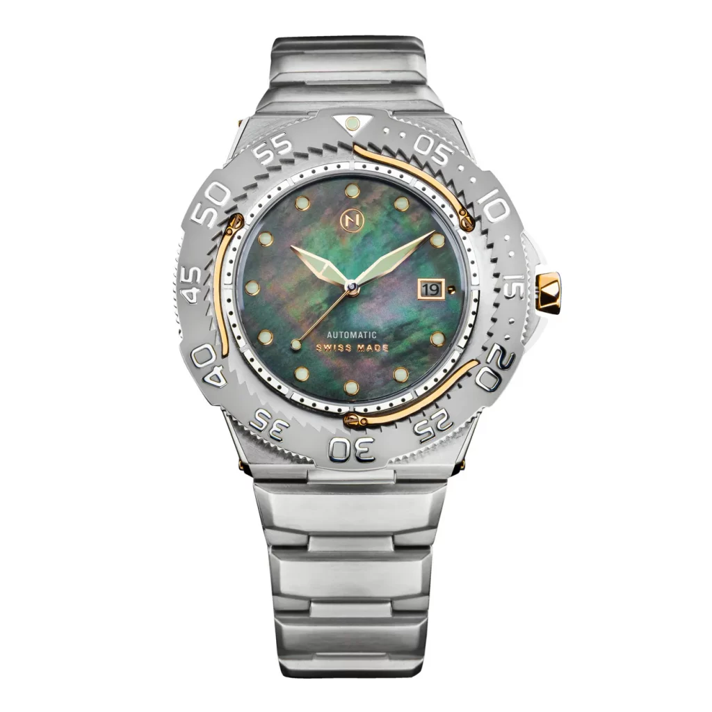 NOVE Trident Automatic Collection: Ultraflache Taucheruhr mit Edelstahlgehäuse, rotem Zifferblatt und leuchtenden Indizes, wasserdicht bis 200 Meter.