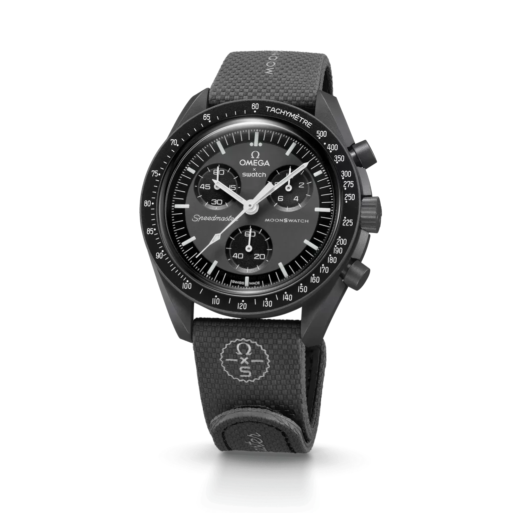 MoonSwatch-Armband in Grau und Schwarz, dezent und vielseitig kombinierbar.