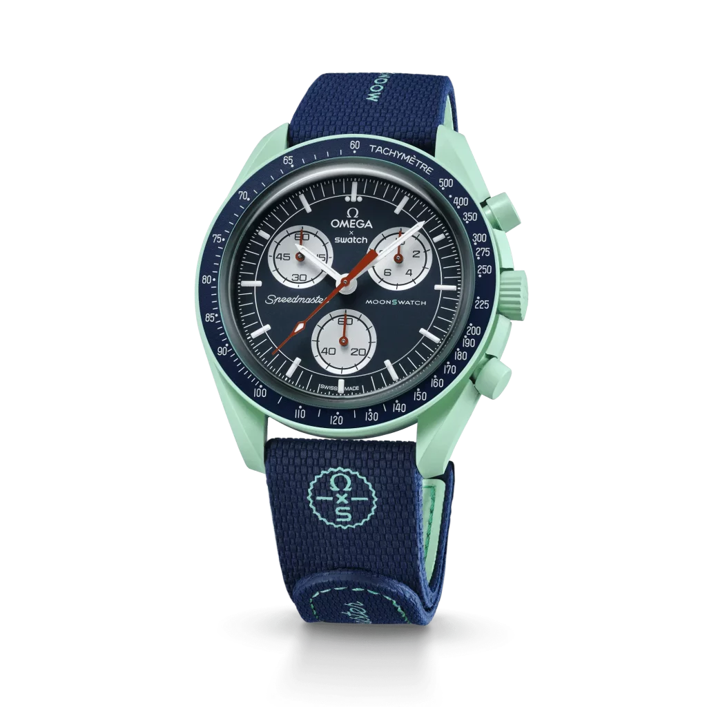Edles MoonSwatch-Armband in Dunkelblau und Grün, ideal für einen klassischen Stil.