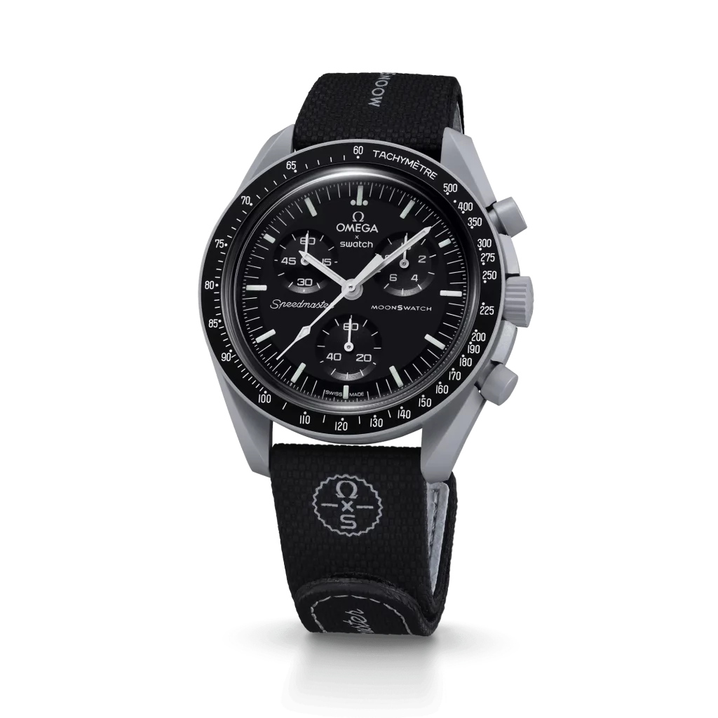 MoonSwatch-Armband in Grau und Schwarz, dezent und vielseitig kombinierbar.