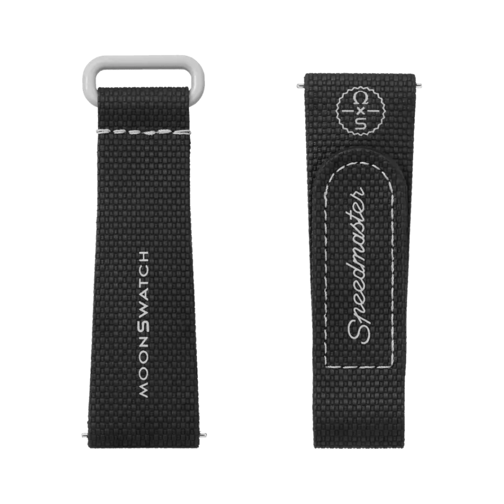 MoonSwatch-Armband in Grau und Schwarz, dezent und vielseitig kombinierbar.