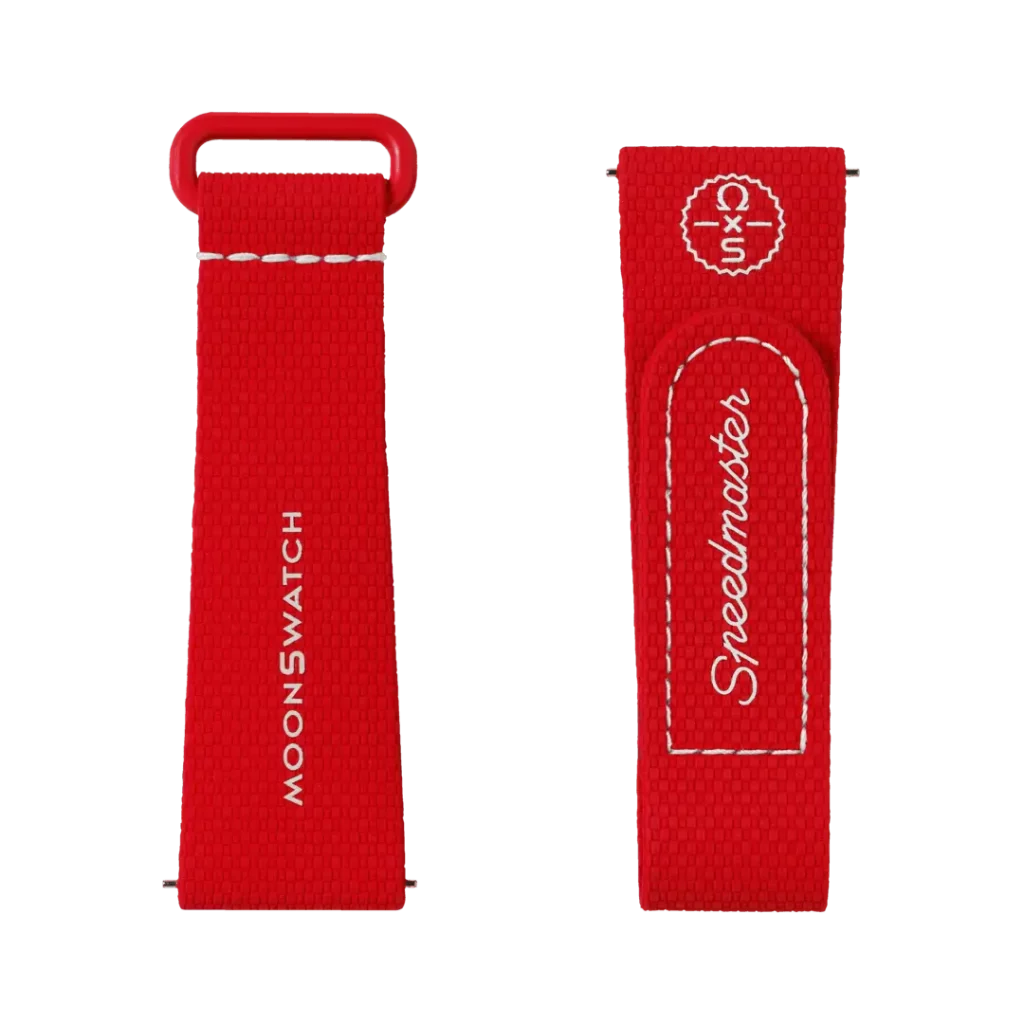 Stylisches MoonSwatch-Armband in Rot und Weiß mit kontrastierenden Farbtönen.