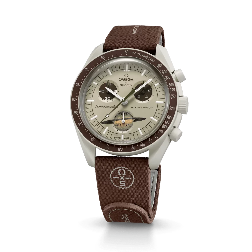 MoonSwatch-Armband in warmen Tönen aus Braun und Beige, ideal für ein natürliches Design.