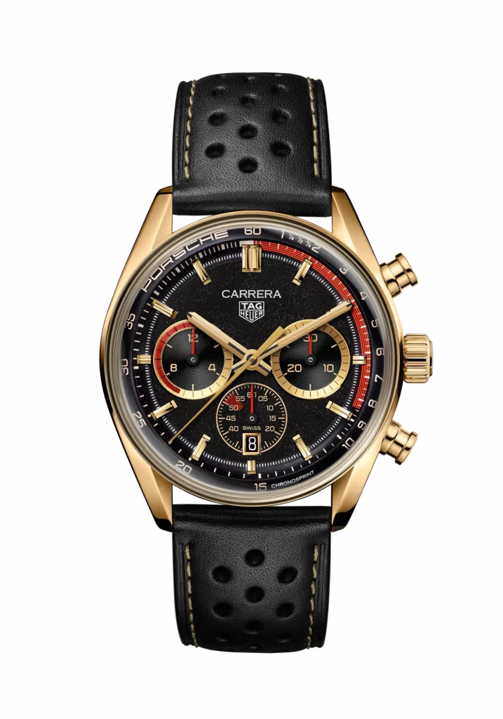 TAG Heuer Carrera Chronosprint x Porsche Rallye mit sportlichem Edelstahlgehäuse und Keramik-Lünette, inspiriert von Porsche-Designs.