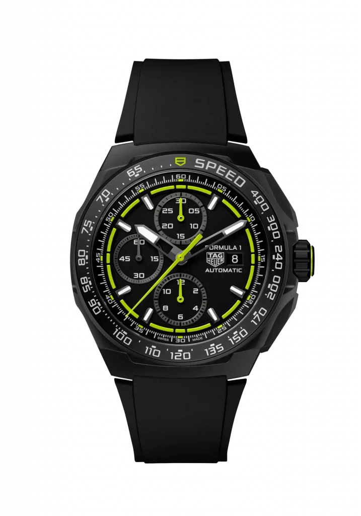 TAG Heuer Formula 1 Chronograph mit schwarzem Gehäuse und gelbem Rand, vollständig sichtbar, mit Fokus auf den sportlichen Akzent.