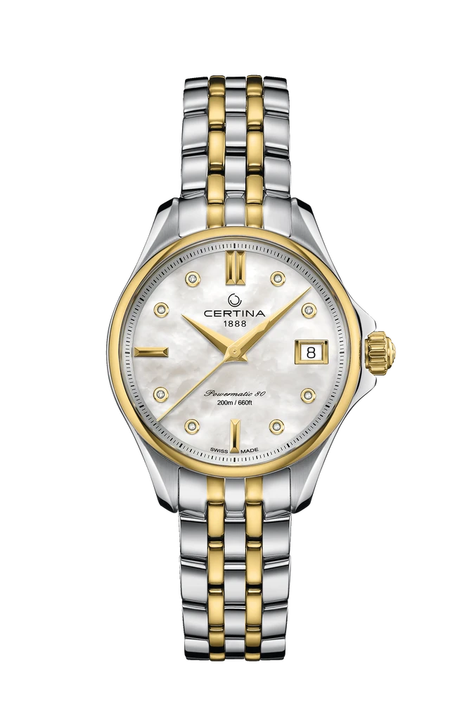 Die Certina DS Action Lady in Edelstahl mit weißem Zifferblatt und sportlich-elegantem Design.