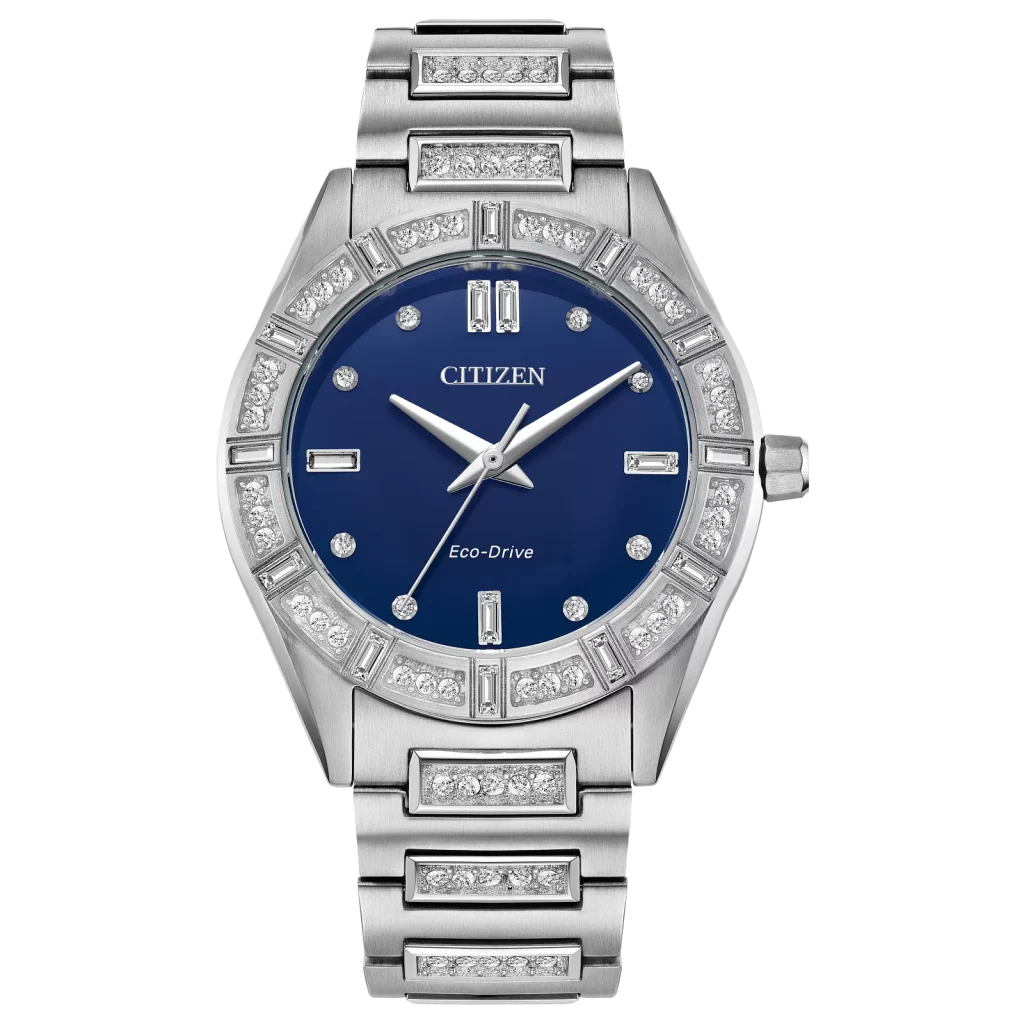 Die Citizen Eco-Drive Silhouette Crystal mit Perlmutt-Zifferblatt und funkelnden Kristallakzenten