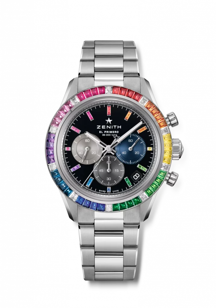 Zenith Chronomaster Sport mit einer Regenbogen-Lünette aus Edelsteinen, präsentiert auf einem polierten Edelstahlgehäuse.