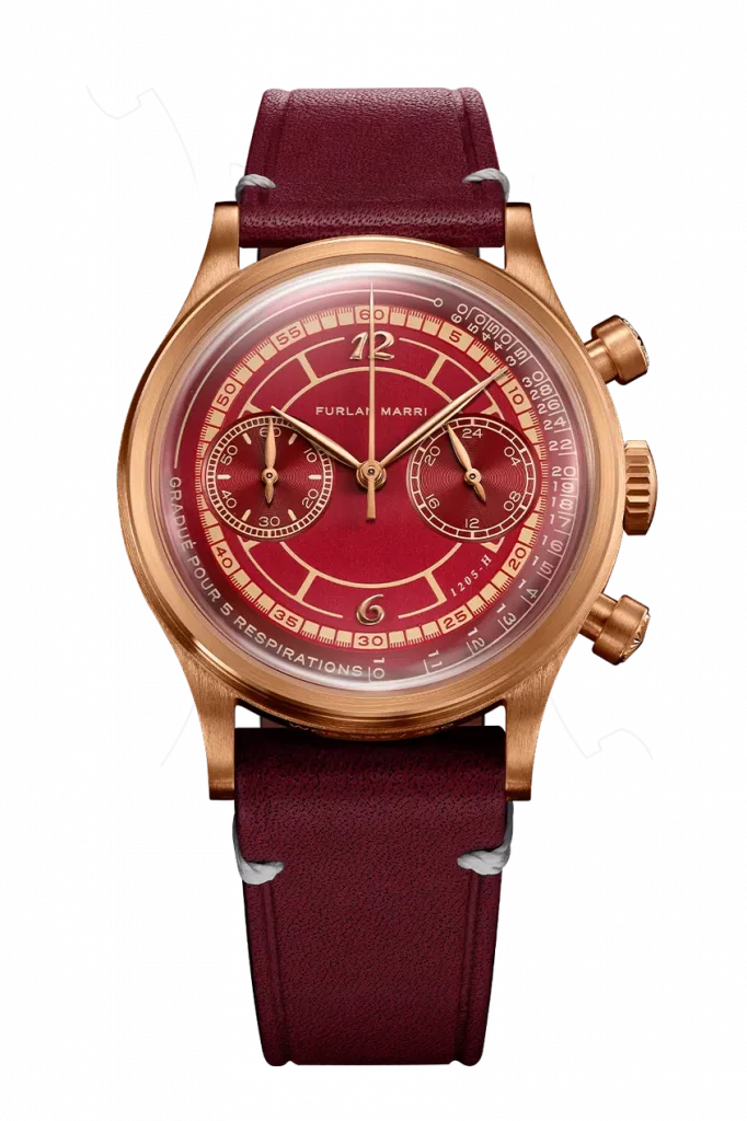 Die limitierte Furlan Marri „Bronzo Rosso“ Uhr mit gravierten Drückern und einer Kombination aus polierten und gebürsteten Oberflächen.