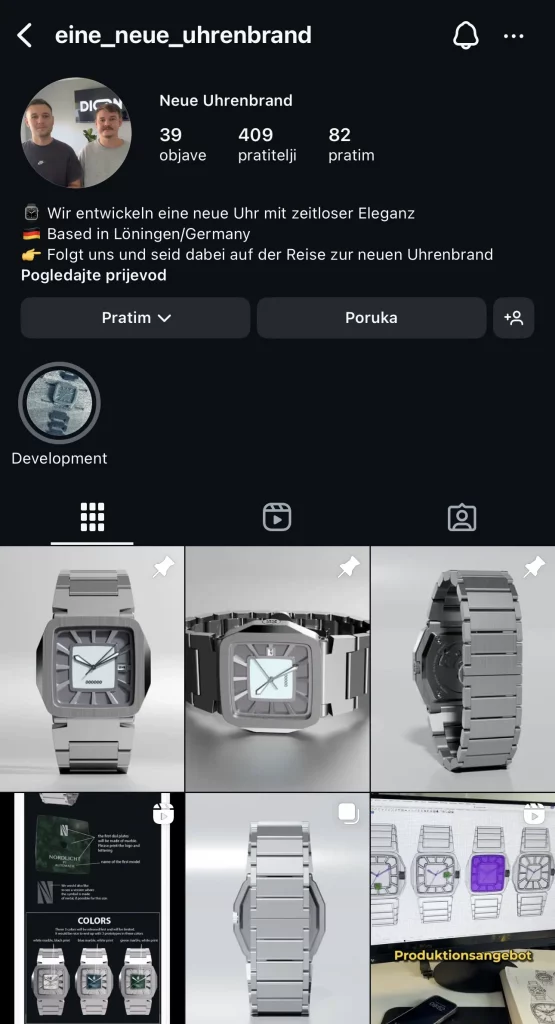 Screenshot des Instagram-Profils @eine_neue_uhrenbrand mit Einblicken in das Uhrenprojekt.