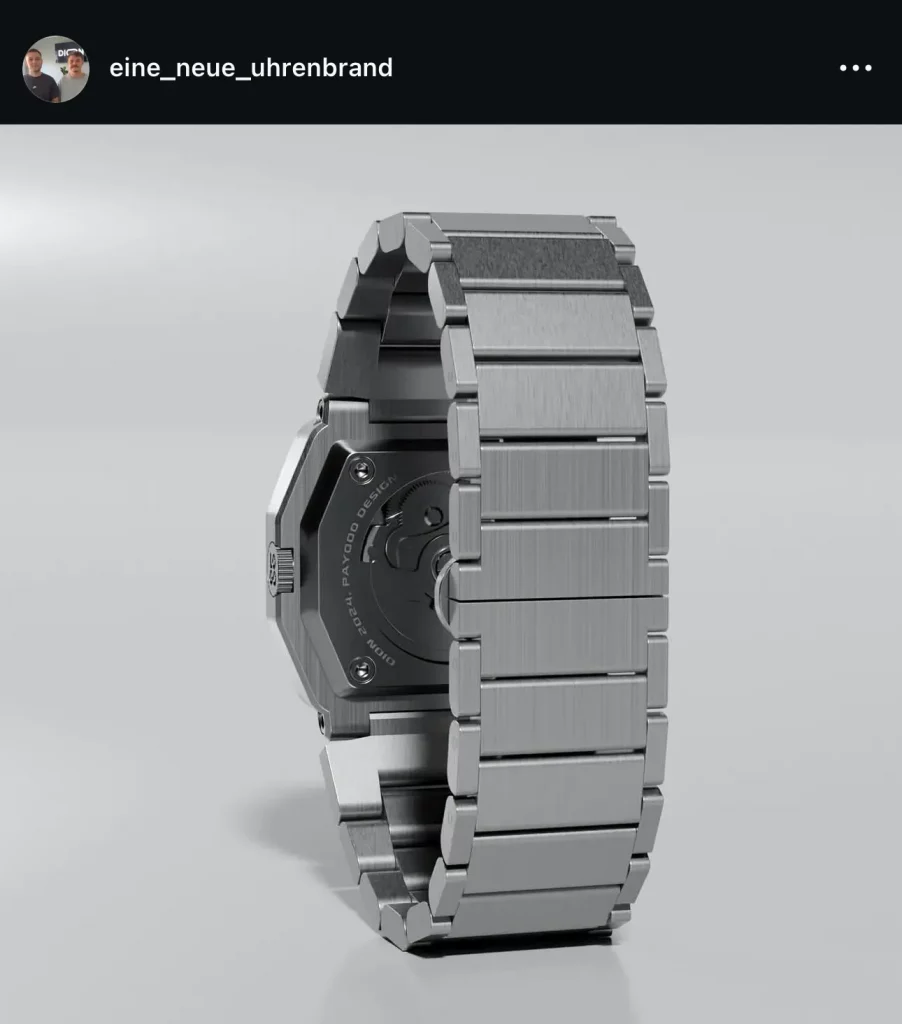 Rückansicht der entwickelten Uhr, das Gehäuse und mögliche Gravuren sind sichtbar.