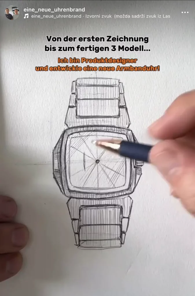 Ein kreativer Moment: Eine Hand zeichnet eine Skizze der neuen Uhr auf Papier.