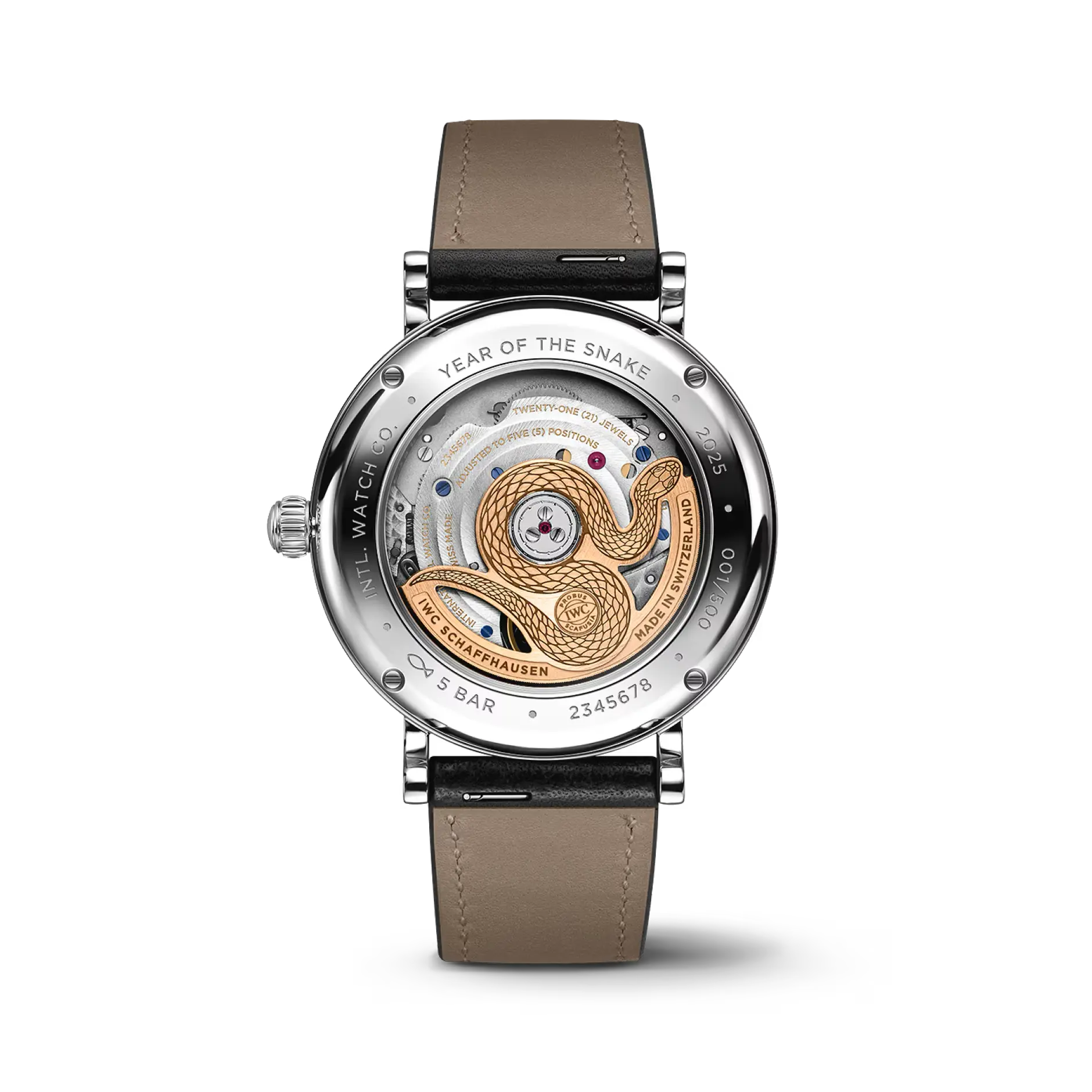 Nahaufnahme des IWC-Manufakturkalibers 32800, sichtbar durch den transparenten Saphirglasboden.
