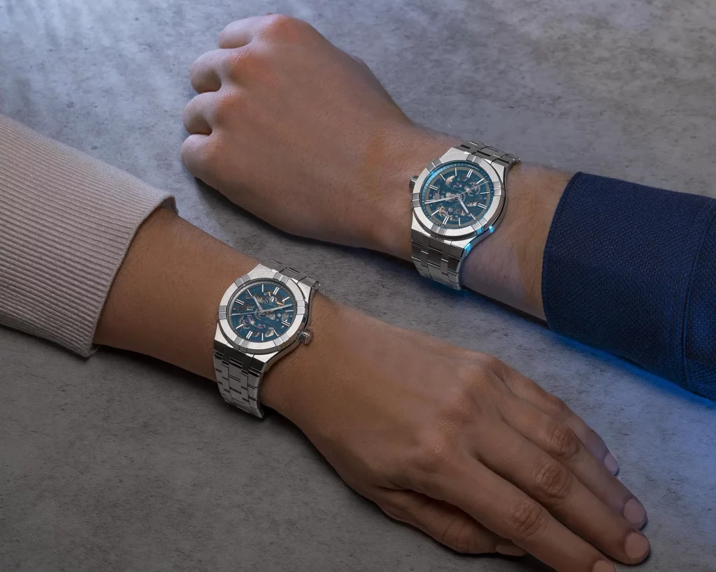 Die Maurice Lacroix Aikon Skeleton getragen am Handgelenk einer Frau und eines Mannes – elegante Passform für jeden Stil.