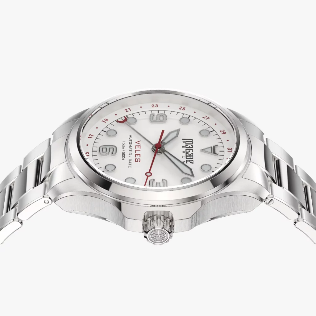 Detailansicht des glagolitischen Zifferblatts der Perun Veles mit präzise gearbeiteter Krone.