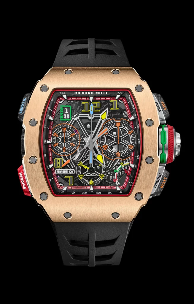 Die Richard Mille RM 65-01 in ihrer vollen Pracht, mit einem ikonischen tonneauförmigen Gehäuse aus Carbon TPT®, Kautschukarmband und markantem Zifferblatt.