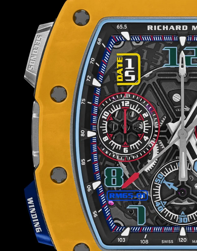 Nahaufnahme des Zifferblatts der Richard Mille RM 65-01, mit farbcodierten Anzeigen und präzise gearbeiteten Indizes.