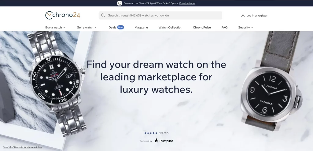 Screenshot der Website Chrono24 mit einer Übersicht verschiedener Luxusuhren und Preisangaben.