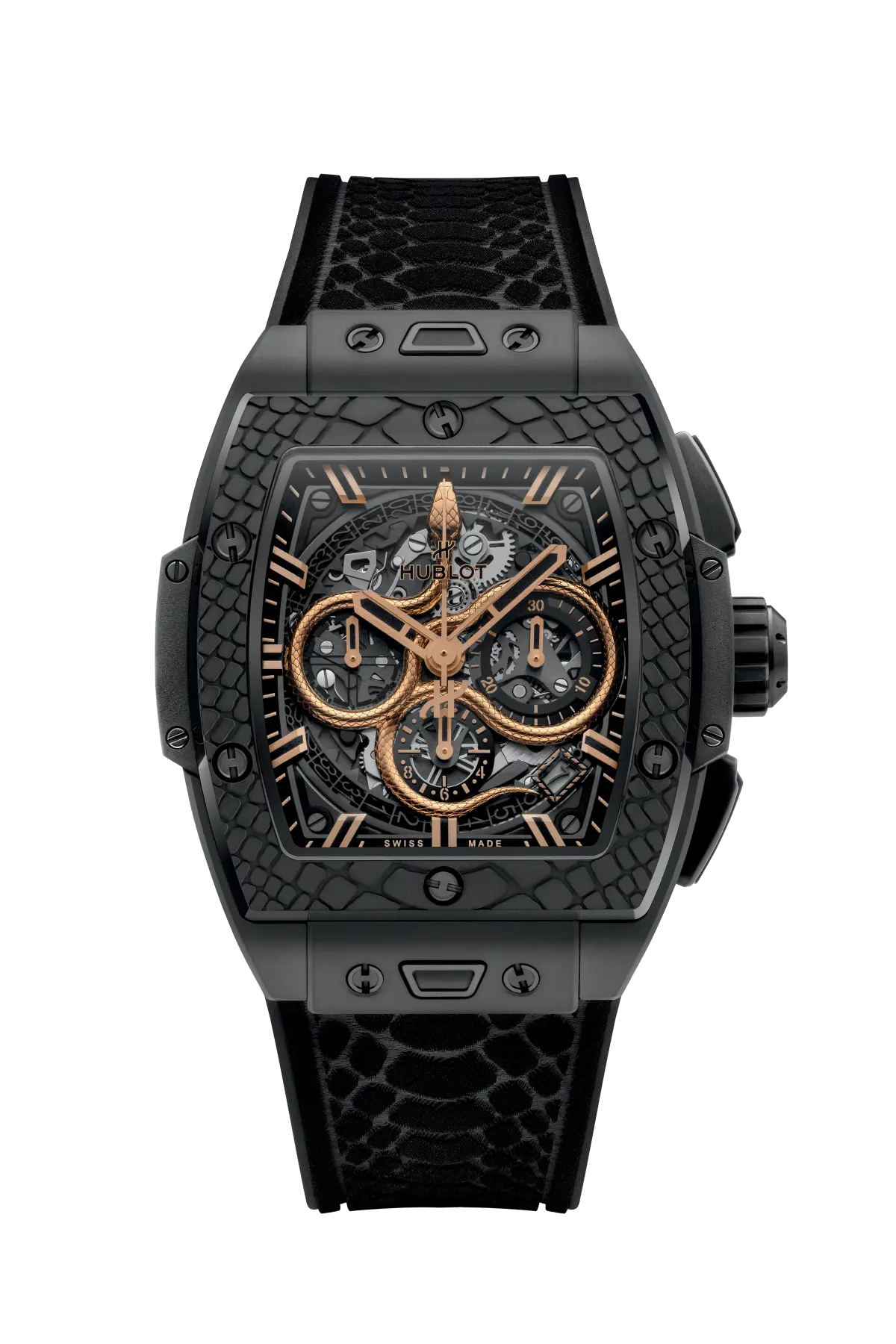 Die Hublot Spirit of Big Bang Year of the Snake in voller Ansicht, ein luxuriöser Chronograph mit schwarzer Keramik und skelettiertem Zifferblatt.