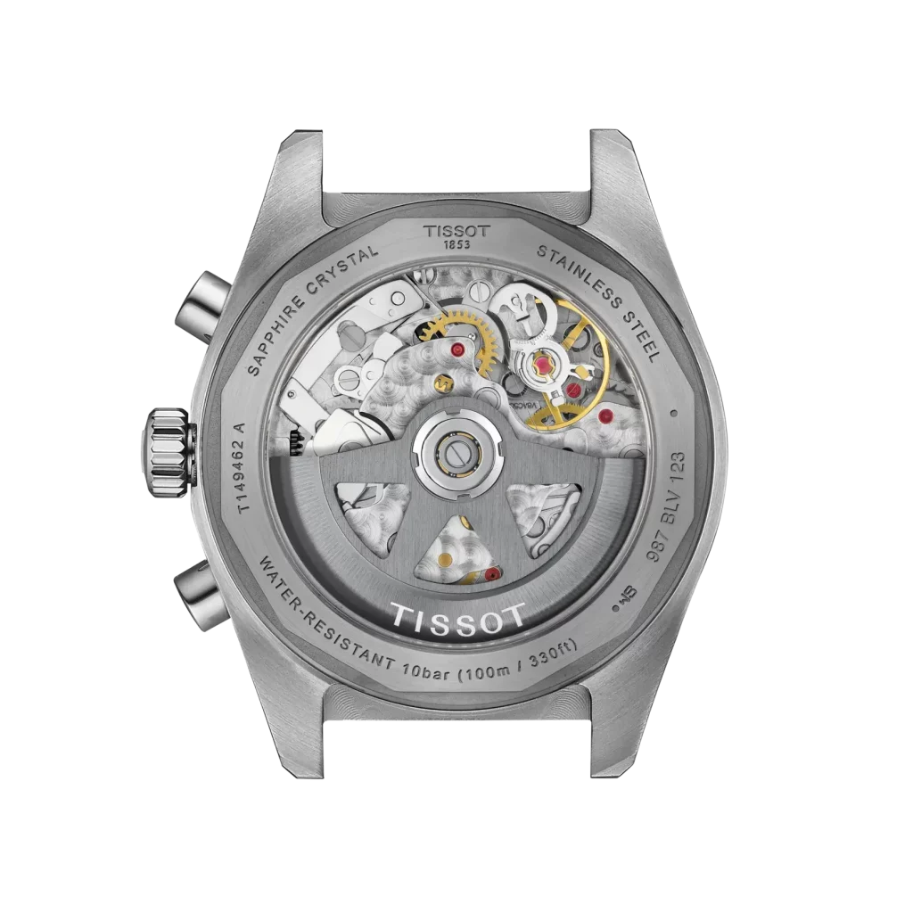 Rückansicht des Tissot PR 516 Automatic Chronograph, zeigt das automatische Valjoux A05 Uhrwerk durch den Sichtboden.