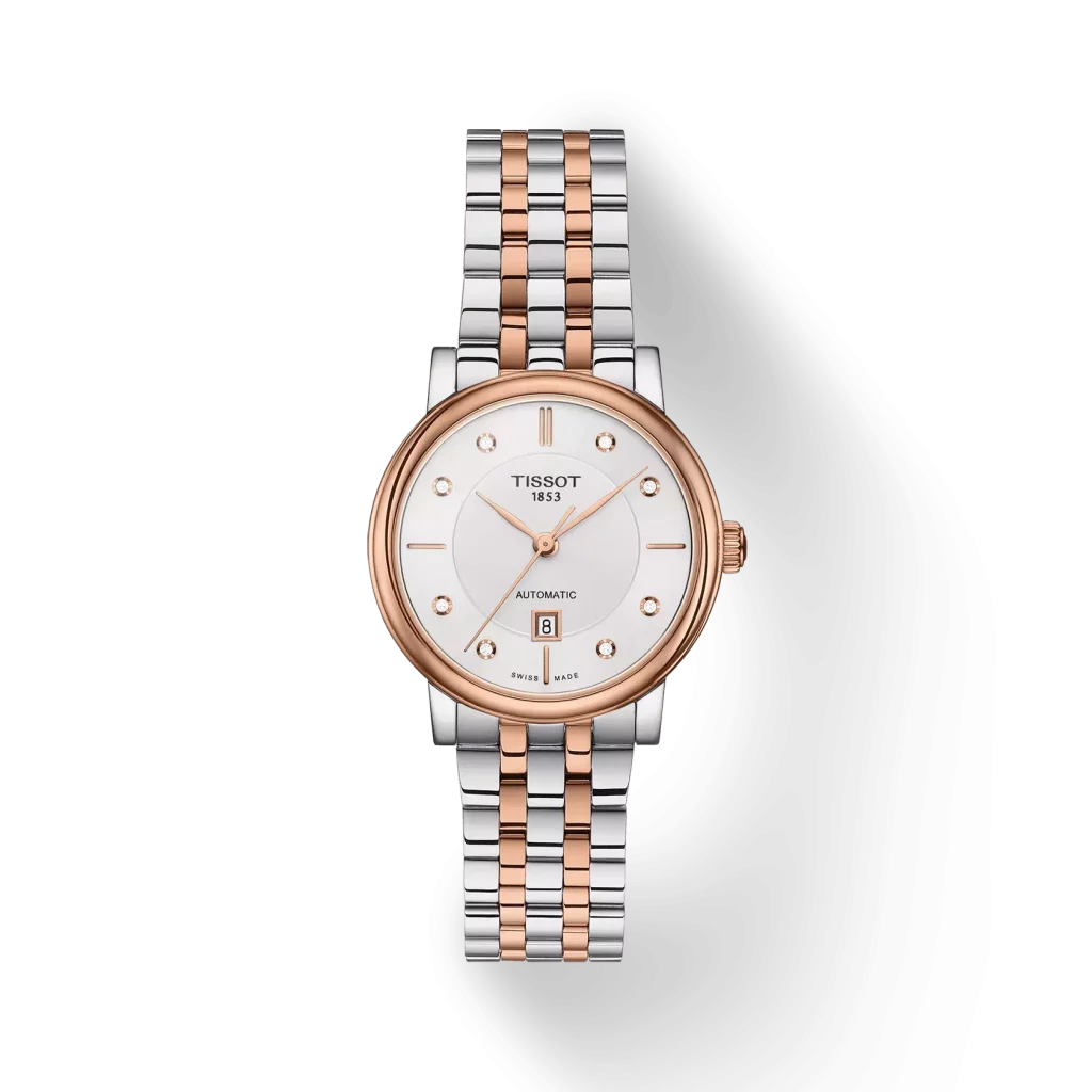 Die Tissot Carson Premium Lady mit silbernem Zifferblatt und zeitlosem Edelstahlgehäuse."