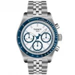 Tissot PR 516 Automatic Chronograph, komplette Ansicht mit Edelstahlgehäuse und blauem Panda-Zifferblatt.