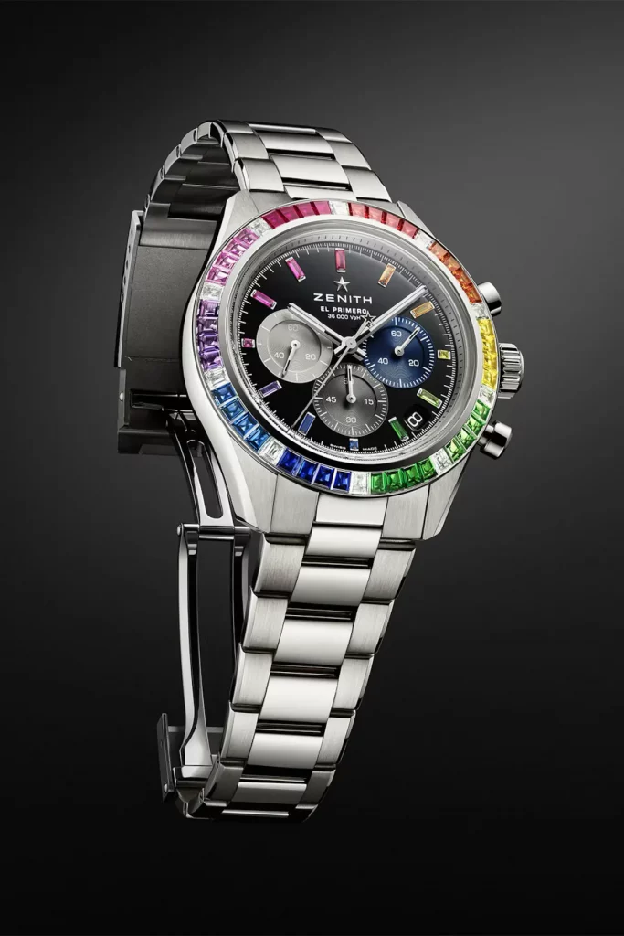 Nahaufnahme der Zenith Chronomaster Sport, die die präzise Chronographenfunktion und die farbenfrohe Edelstein-Lünette zeigt.