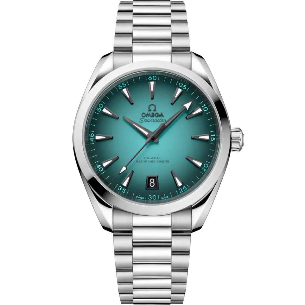 Omega Seamaster Aqua Terra in ihrer gesamten Pracht, mit türkisem Zifferblatt und Edelstahlarmband.