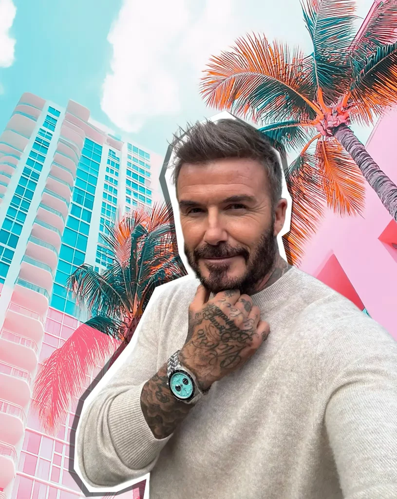 David Beckham präsentiert die Tudor Black Bay Chrono Flamingo Blue am Handgelenk – eine Kombination aus sportlicher Eleganz und Präzision.